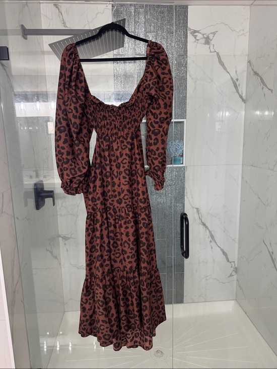 Kiss The Sky Dresses & Skirts - Brown Leopard Print Puff Sleeve Midi Dress